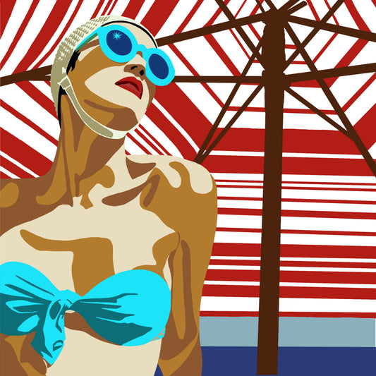 The 1950s Heatwave by Ilana McBain, contemporary coastal artwork of a woman beneath striped beach umbrellas