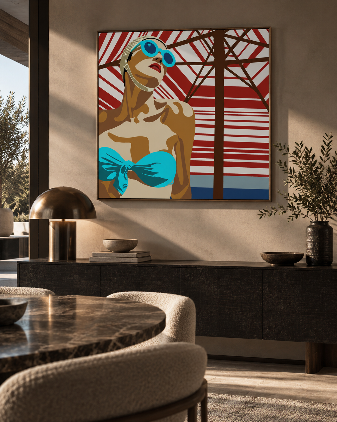 The 1950s Heatwave by Ilana McBain displayed in a sophisticated modern interior with warm neutral tones and dark timber furniture.