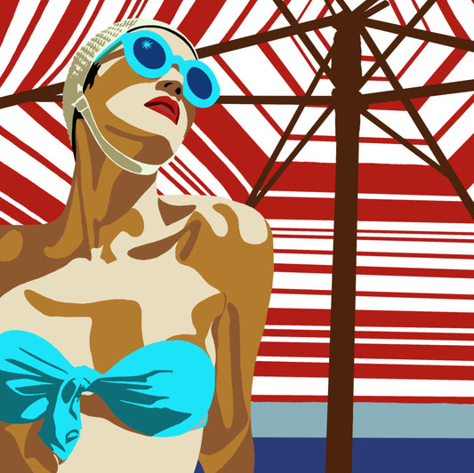 The 1950s Heatwave by Ilana McBain is bold retro beach art inspired by striped umbrellas, summer glamour and the freedom of long days by the sea.