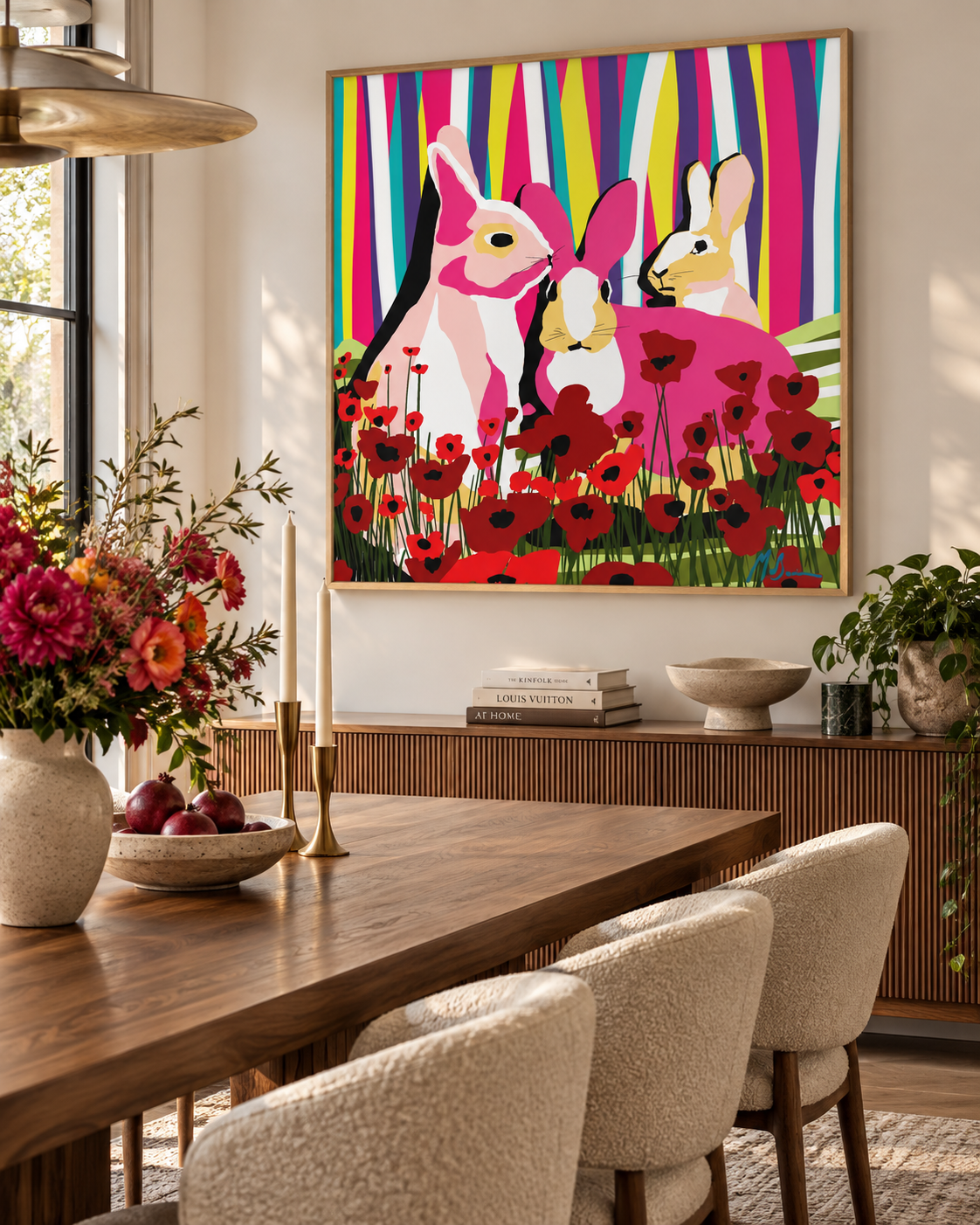 The Gathering by Ilana McBain displayed in a warm modern dining room with timber furniture, neutral tones and natural light.