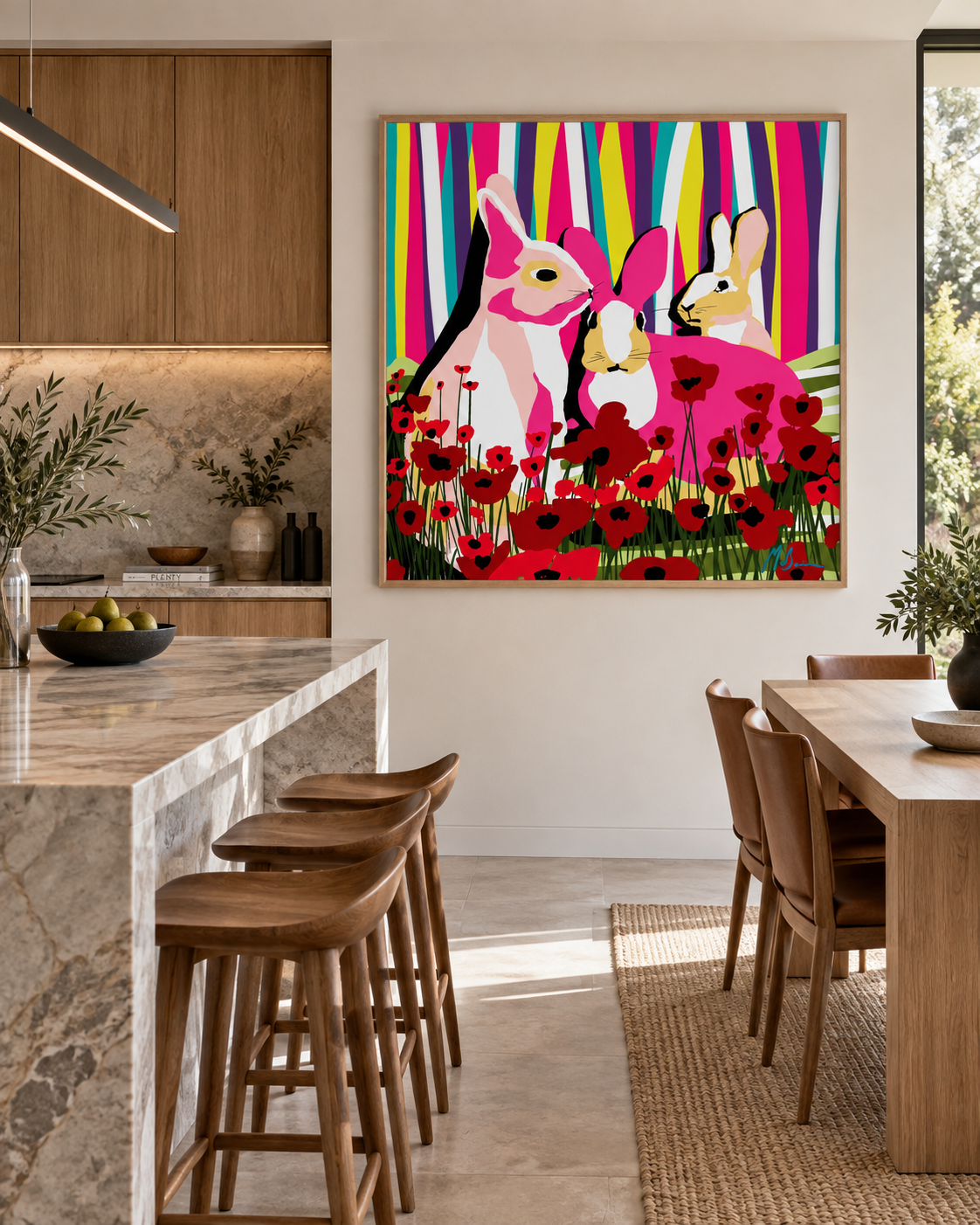 The Gathering by Ilana McBain displayed in a contemporary kitchen and dining interior with warm timber, stone finishes and natural light.