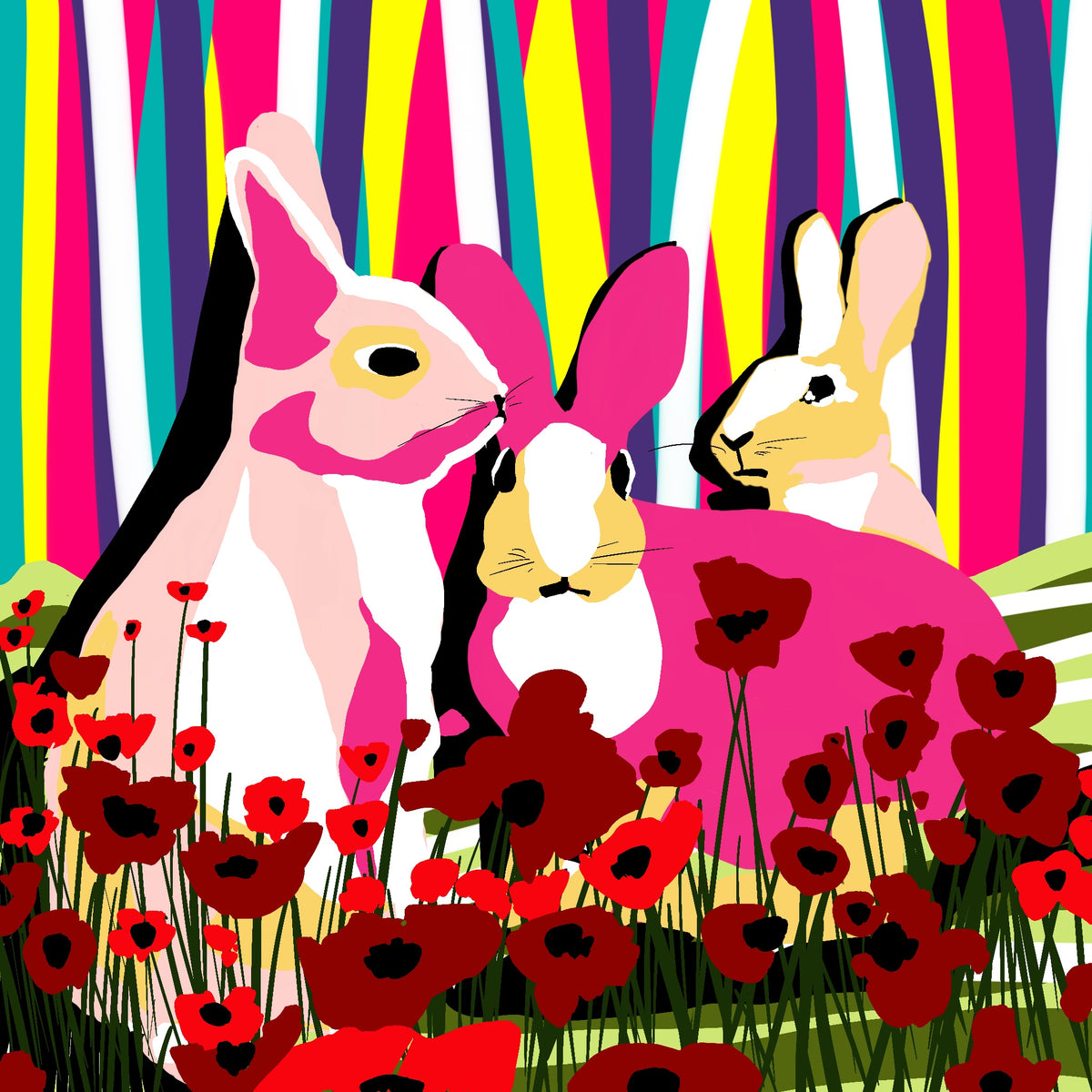 The Gathering by Ilana McBain, colourful contemporary artwork featuring three rabbits among red poppies with bold pink, yellow, teal and purple forms.