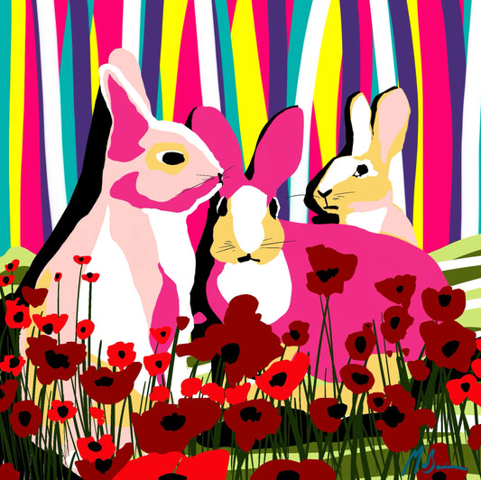 The Gathering by Ilana McBain, colourful contemporary artwork featuring three rabbits among red poppies with bold pink, yellow, teal and purple forms.