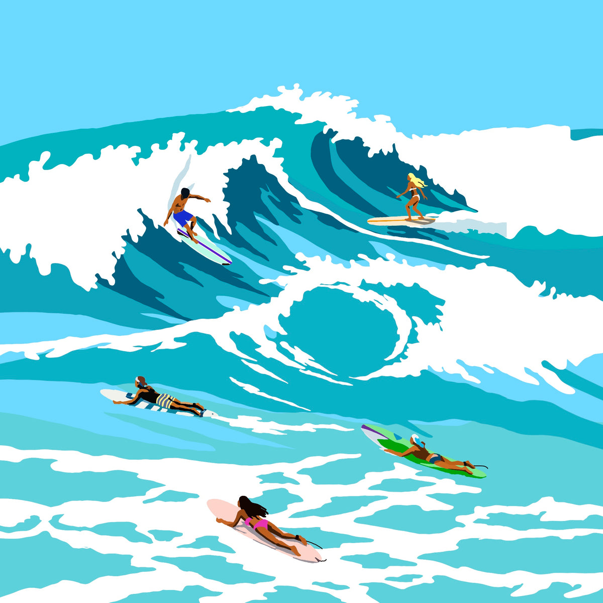 The Lineup by Ilana McBain, contemporary surf artwork showing surfers in turquoise waves