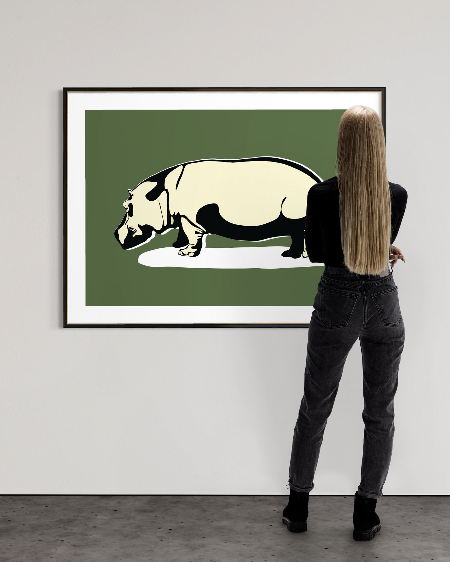 Large hippo wall art by Ilana McBain titled Unapologetically Solid shown at gallery scale.
