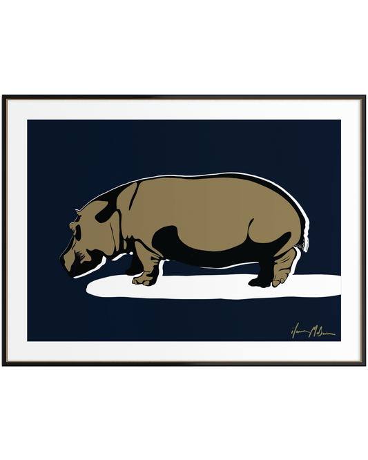Hippo fine art print titled Unapologetically Solid Midnight Blue by Australian artist Ilana McBain.