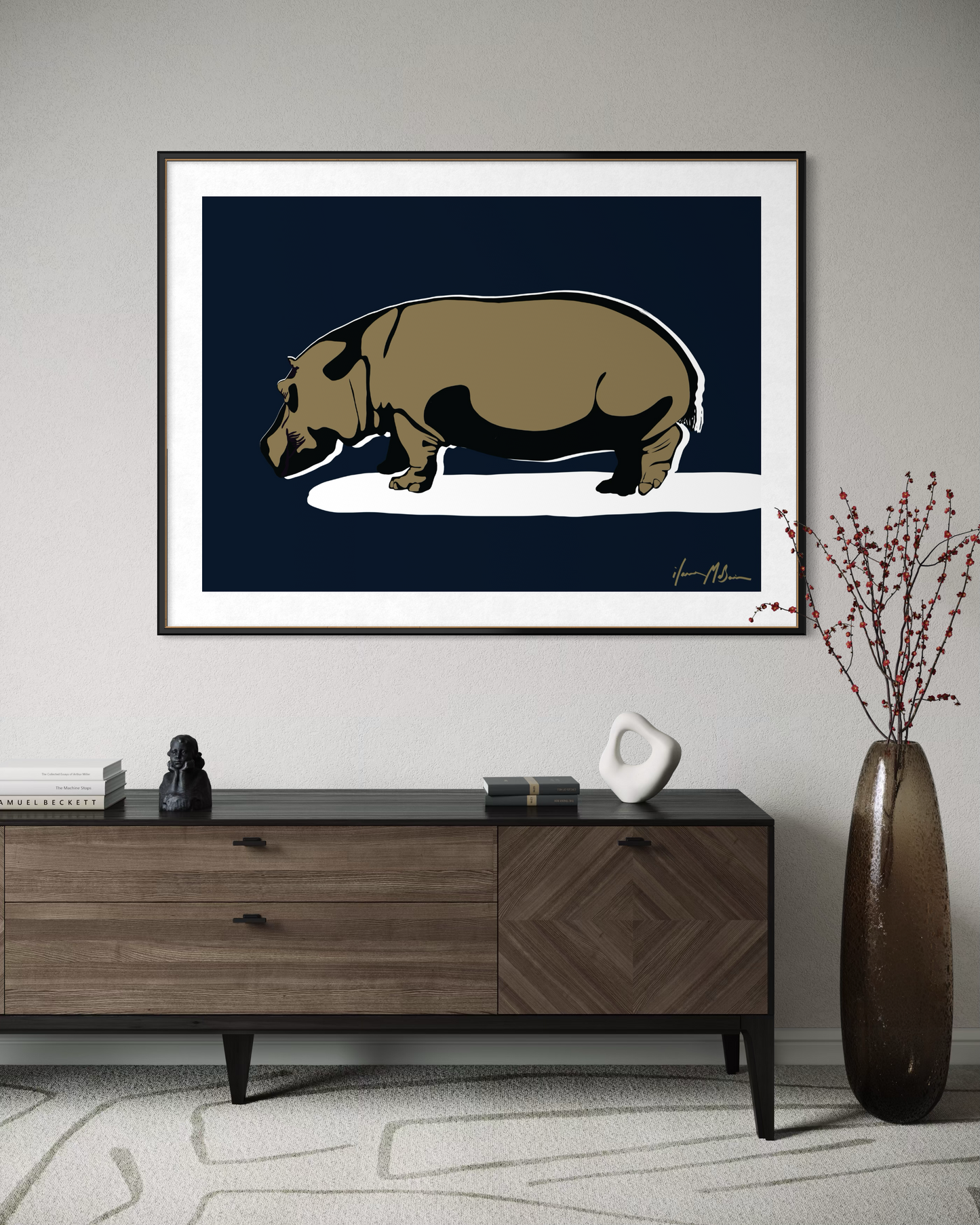 Unapologetically Solid Midnight Blue hippo fine art print by Ilana McBain in a modern living room interior.
