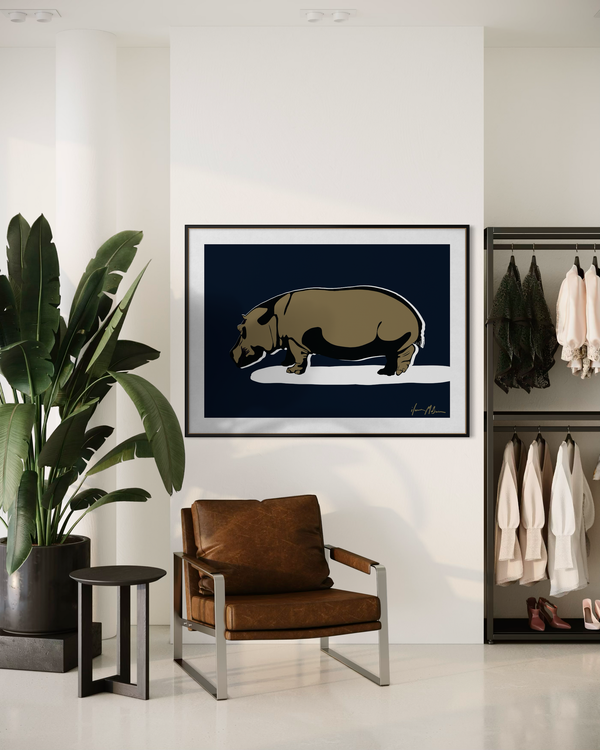 Unapologetically Solid Midnight Blue hippo wall art by Ilana McBain displayed in a contemporary interior.