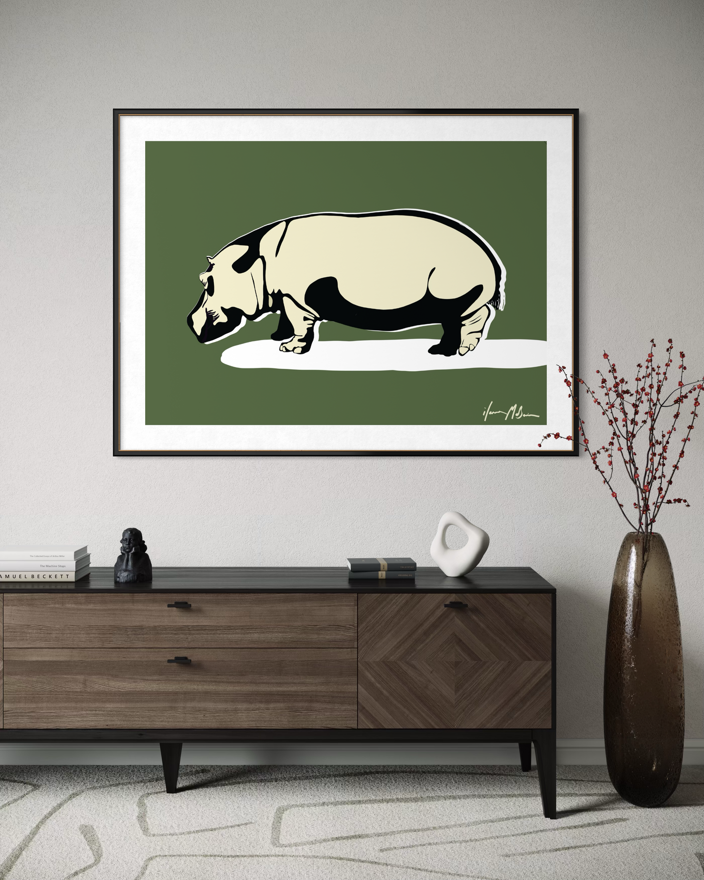 Unapologetically Solid hippo wall art by Ilana McBain displayed in a contemporary living room interior.
