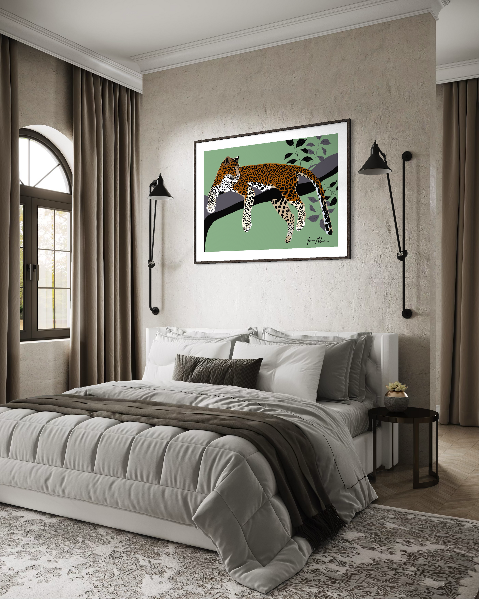 Untamed leopard wall art by Ilana McBain displayed above a bed in a modern bedroom interior.