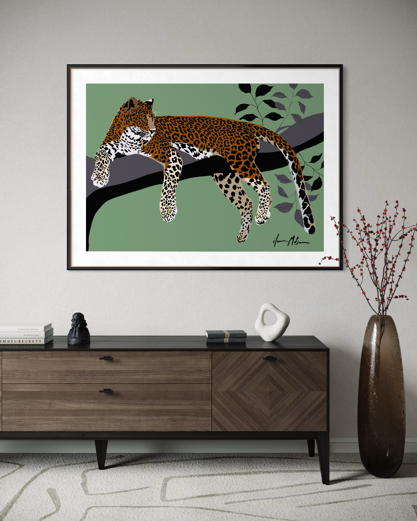 Untamed leopard wall art by Australian artist Ilana McBain displayed in a contemporary living room interior.