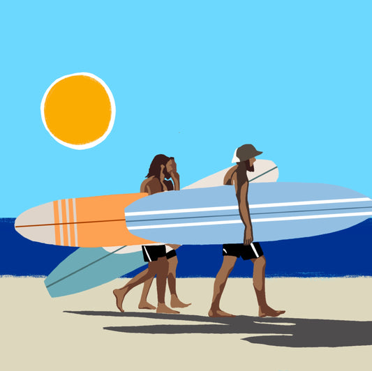 Wave Chasers by Ilana McBain, contemporary Australian surf artwork showing surfers carrying longboards along the beach