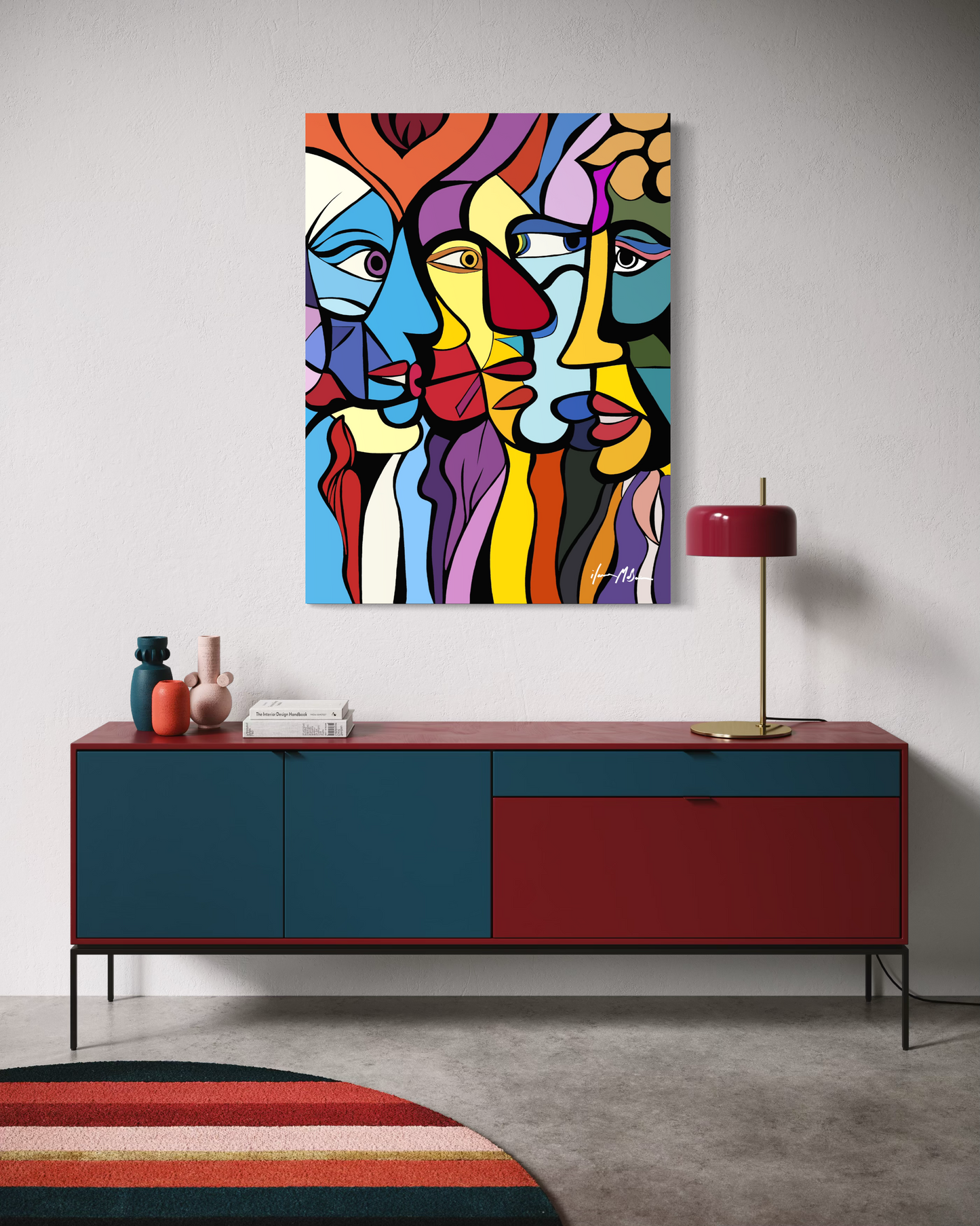 Modern abstract painting “Intertwined” by Ilana McBain displayed in stylish interior mock-up, flowing organic forms symbolising interconnected human relationships.