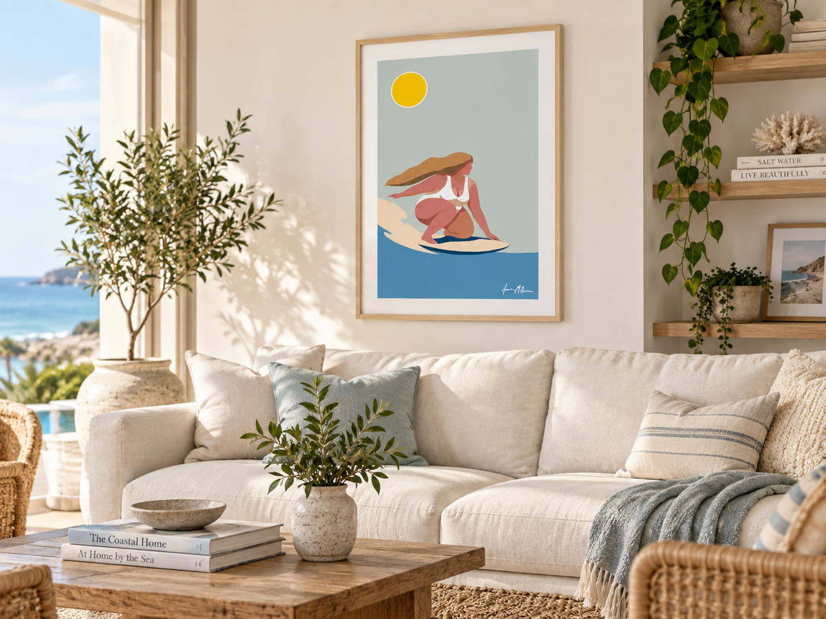 Into the Surf contemporary surf art print by Ilana McBain in a birch frame with white mat board styled in a bright modern coastal living room