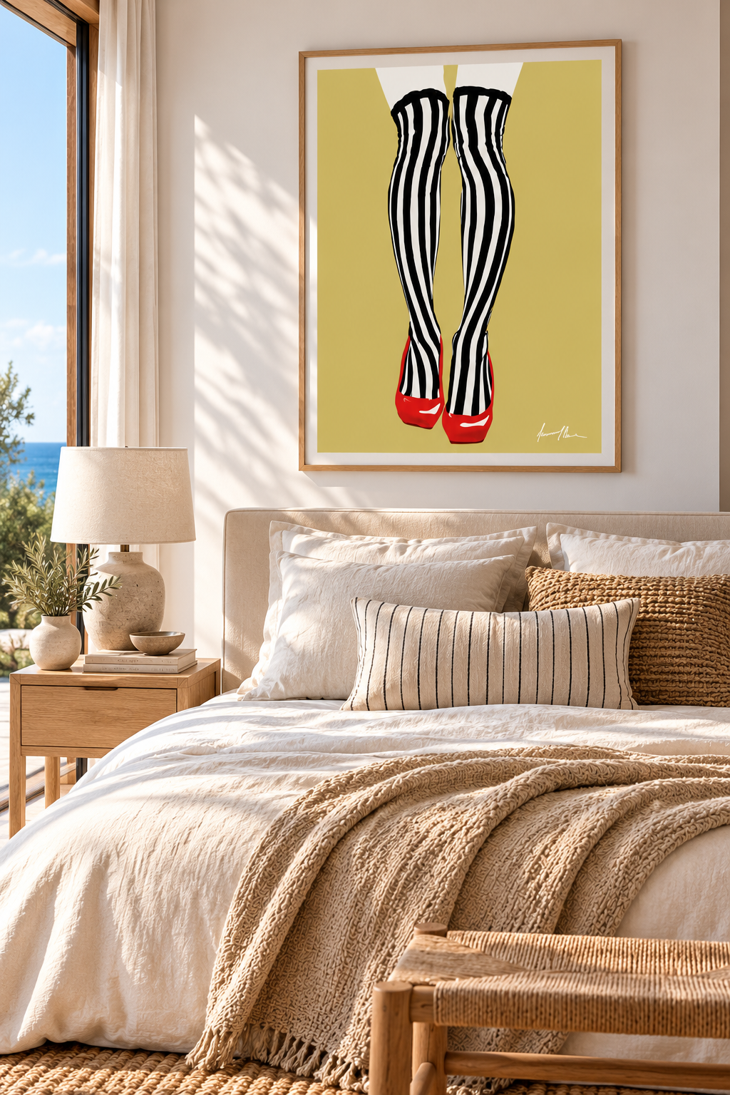 Legs, Lines & Liberation art print by Ilana McBain featuring black and white striped stockings and red heels in a bright modern bedroom.
