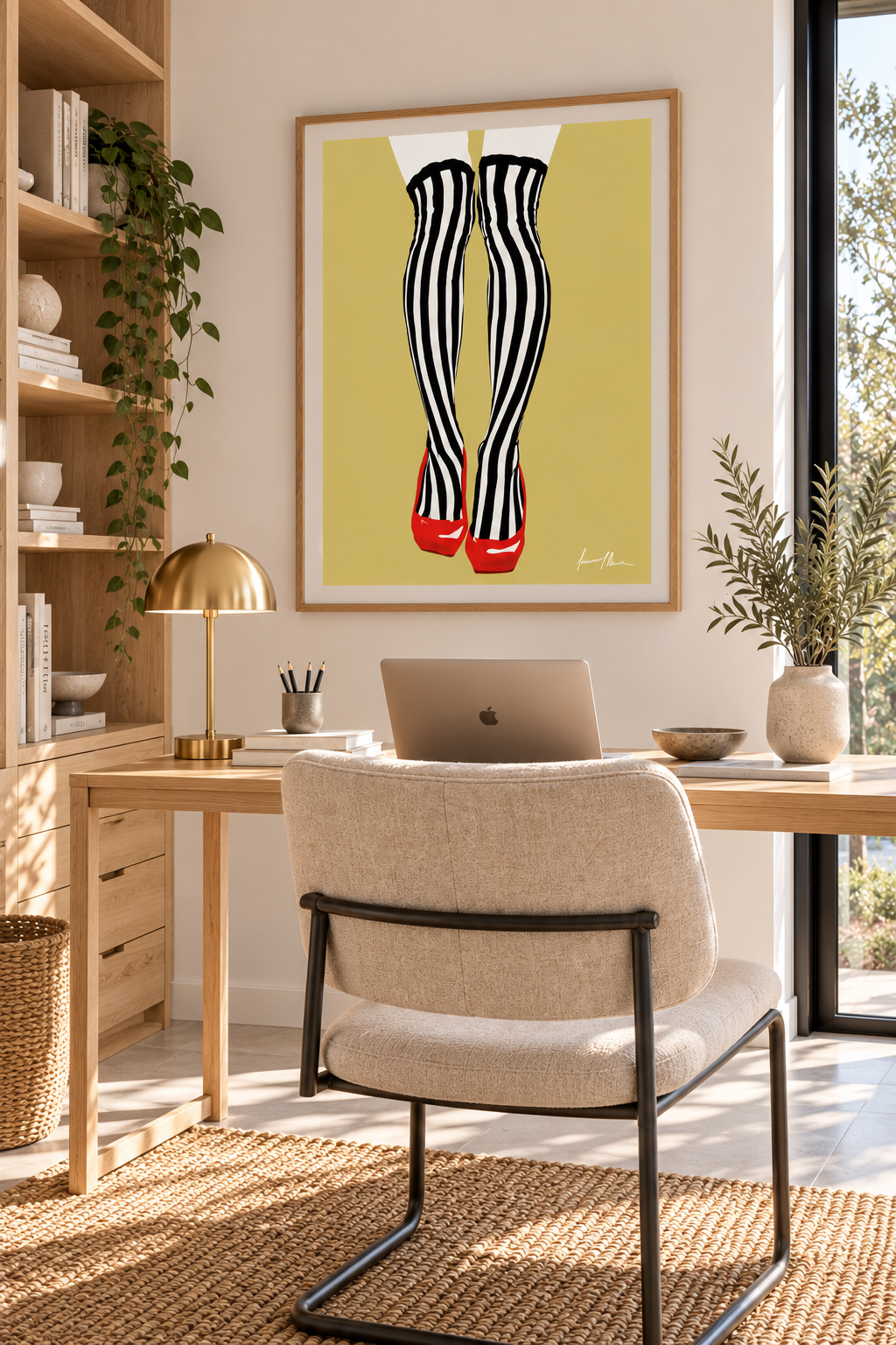 Legs, Lines & Liberation art print by Ilana McBain featuring black and white striped stockings and red heels in a bright modern home office.