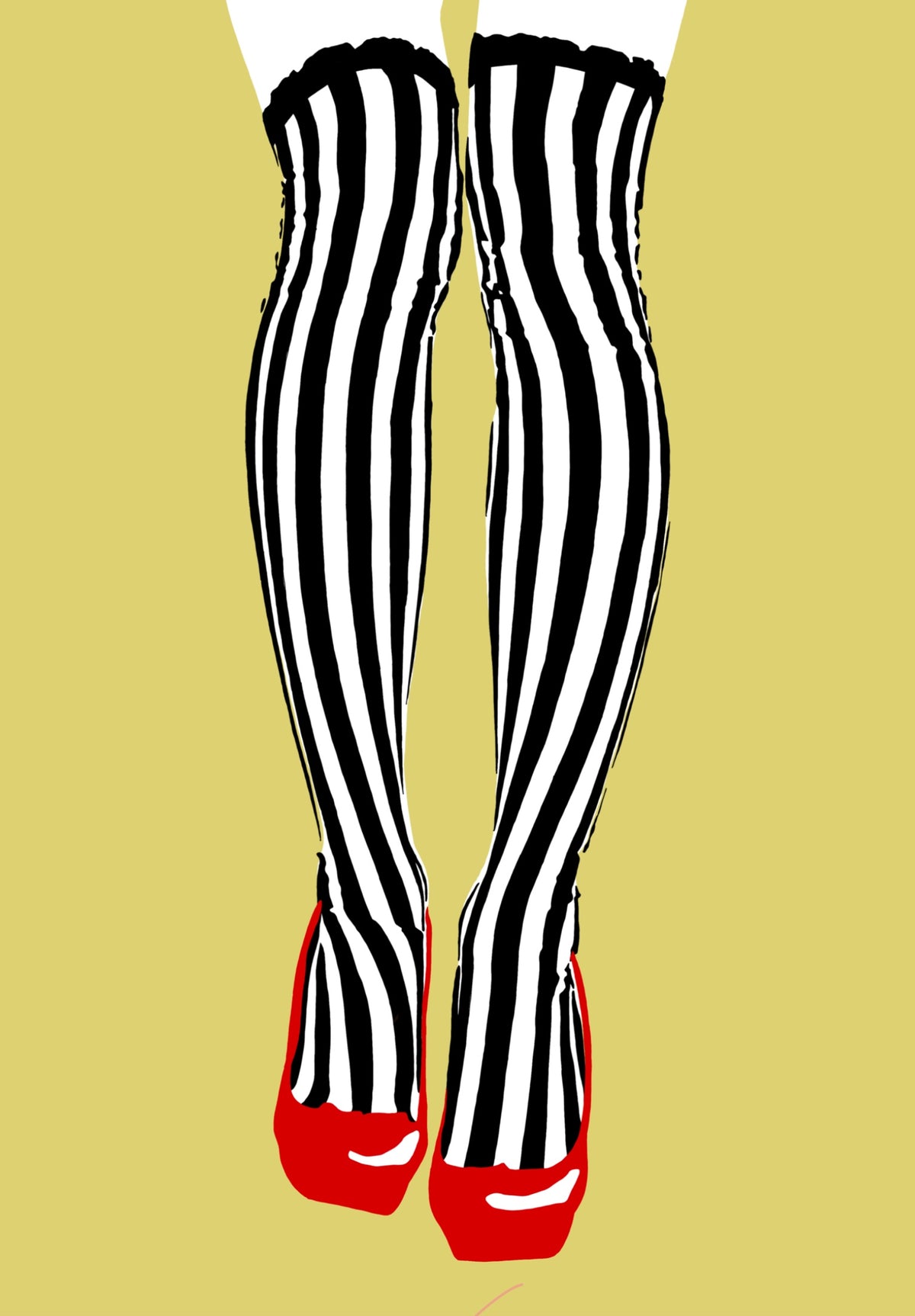 Legs, Lines & Liberation by Ilana McBain, black and white striped stockings with red heels on a yellow background.