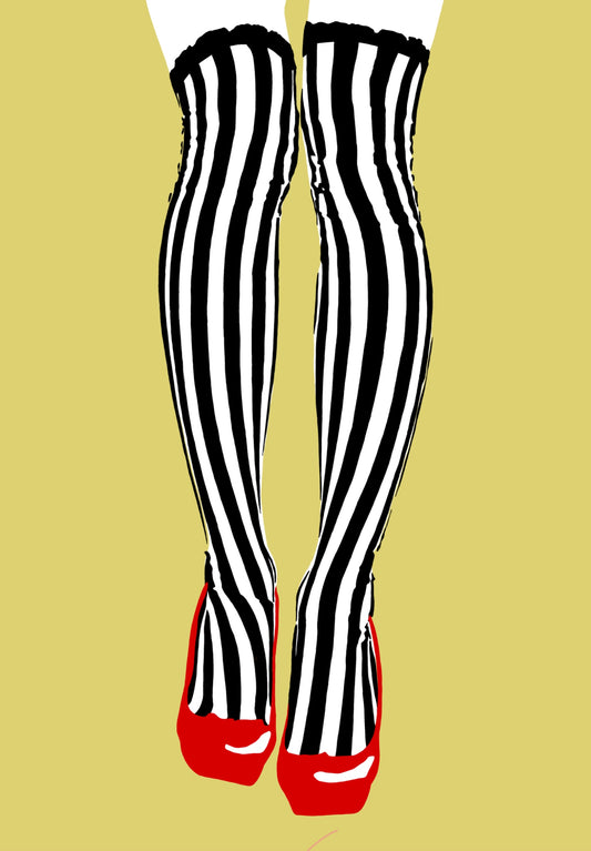 Legs, Lines & Liberation by Ilana McBain, black and white striped stockings with red heels on a yellow background.