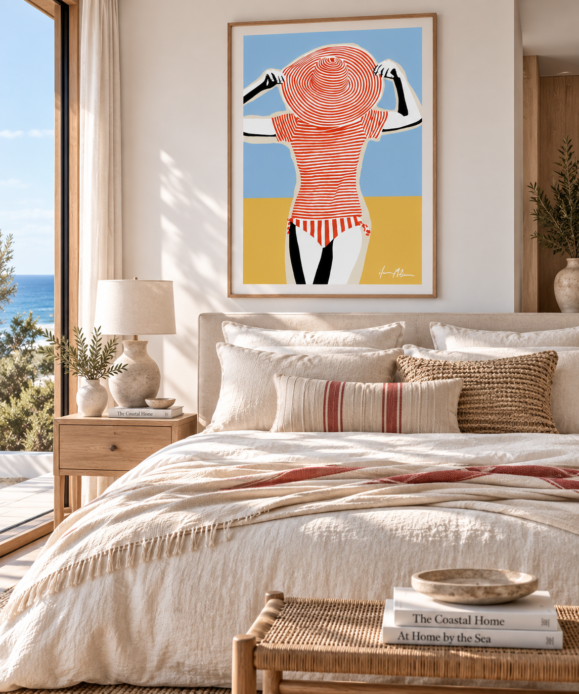 Lola on the Beach by Ilana McBain displayed as a large coastal art print in a light contemporary coastal bedroom.