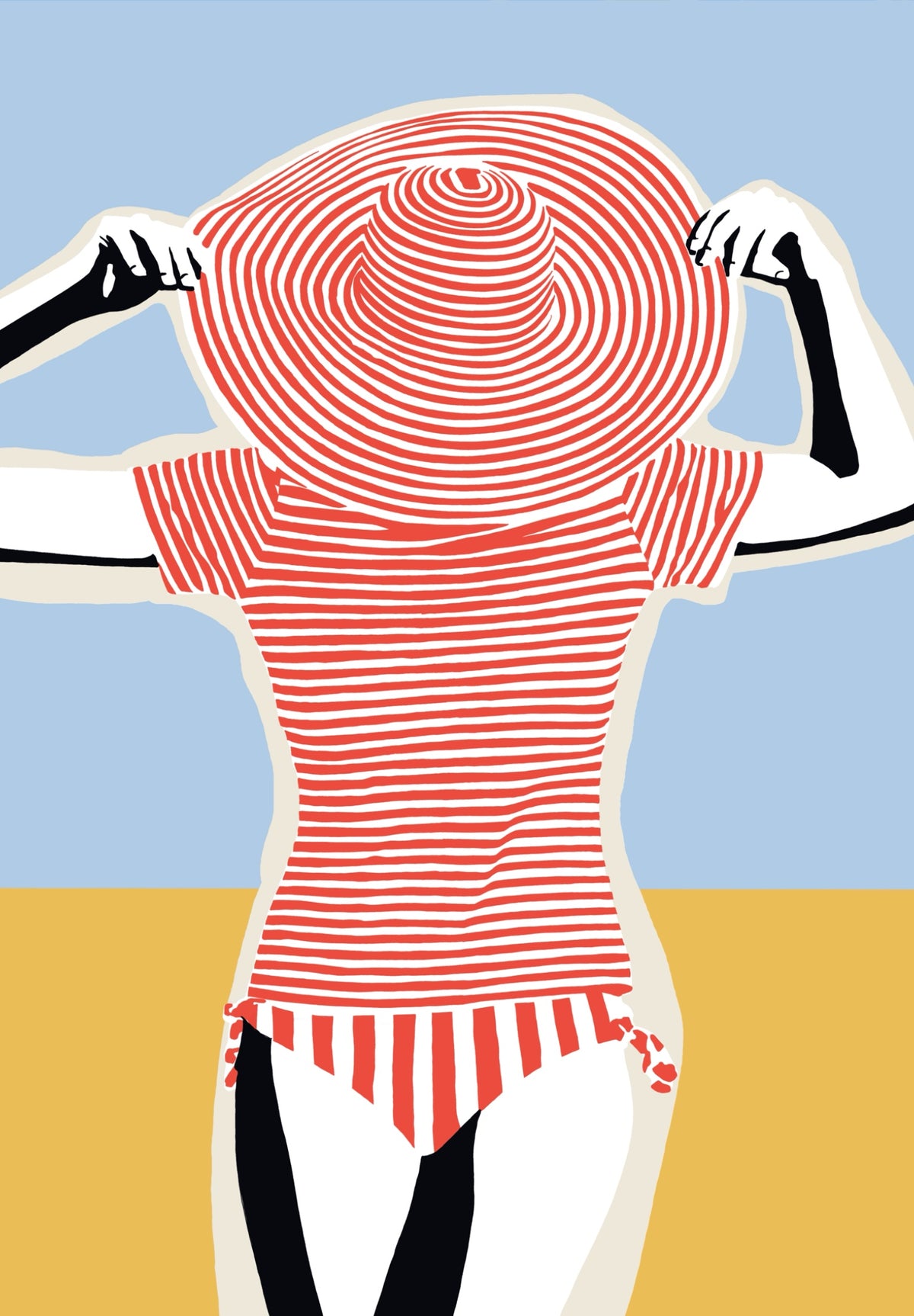 Lola on the Beach coastal art print by Ilana McBain featuring a woman in a red striped beach outfit and sunhat.