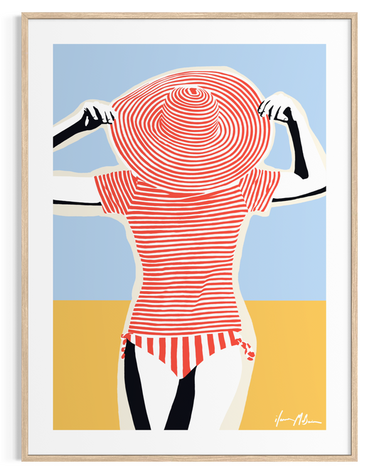 Lola on the Beach artwork by Australian artist Ilana McBain showing a woman in a striped swimsuit and sun hat enjoying a summer day by the ocean. Contemporary coastal art print inspired by beach lifestyle and seaside fashion.