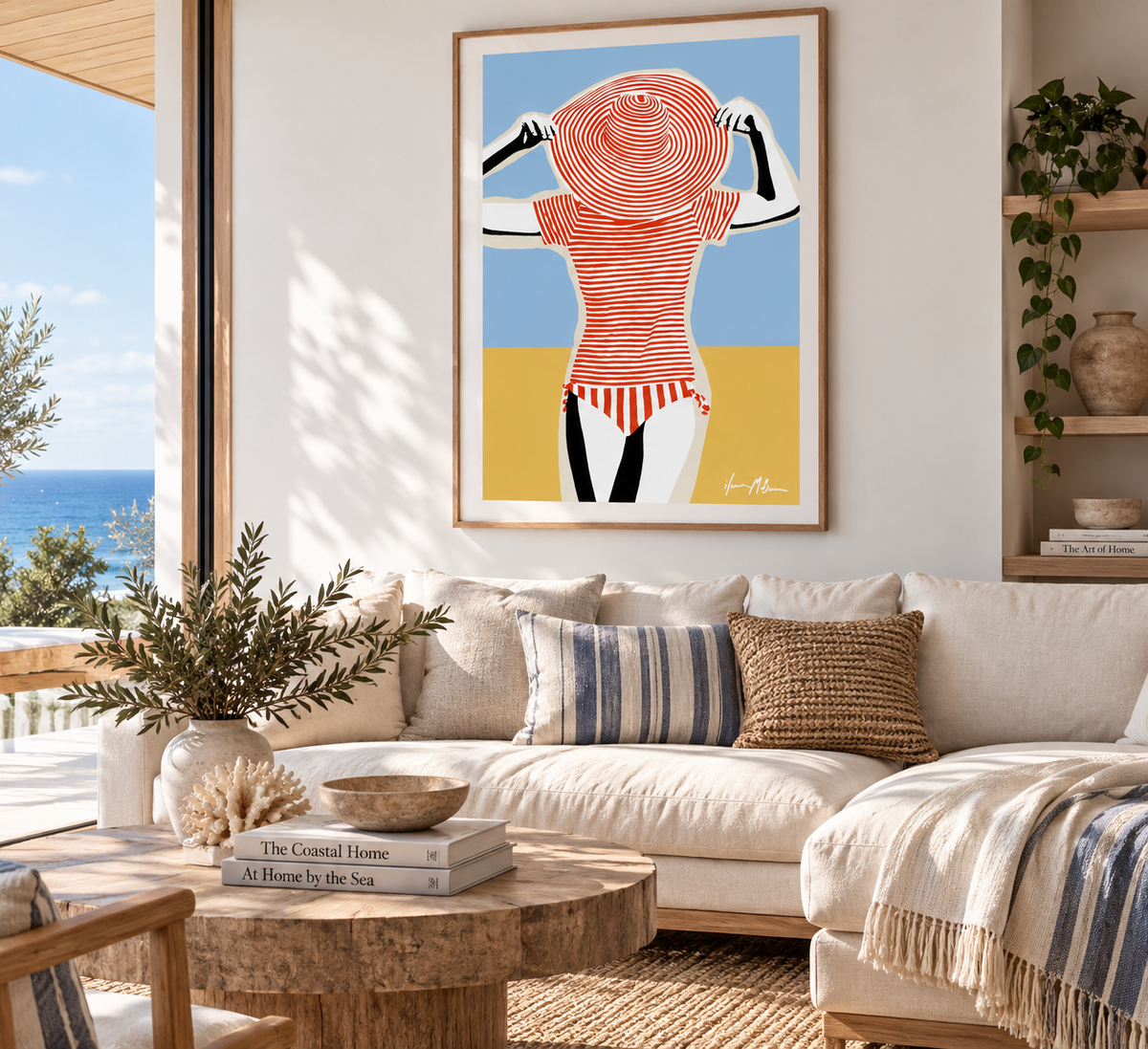 Lola on the Beach by Ilana McBain displayed as a large coastal art print in a bright contemporary living room.