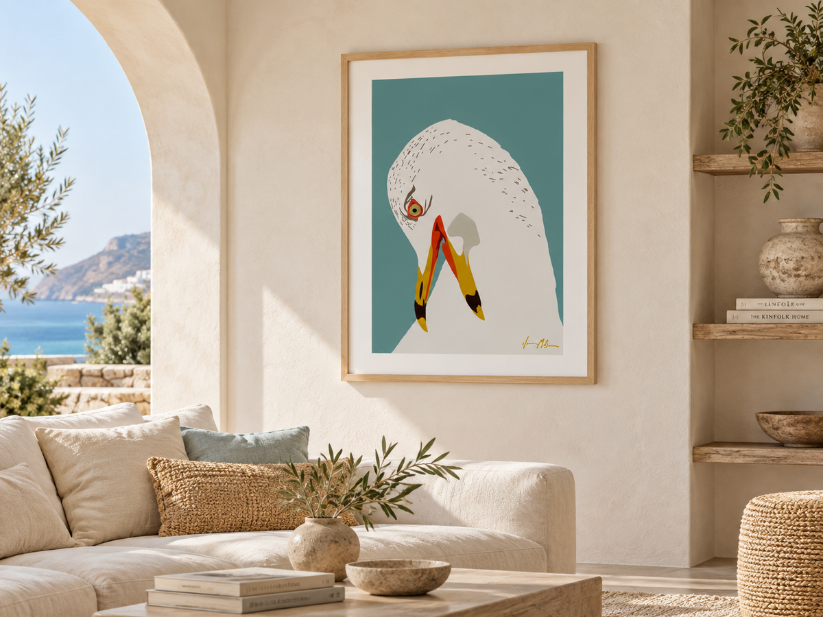 Lost in Thought contemporary seagull art print by Ilana McBain displayed in a sunlit coastal living room with natural timber, cream upholstery and muted blue accents.