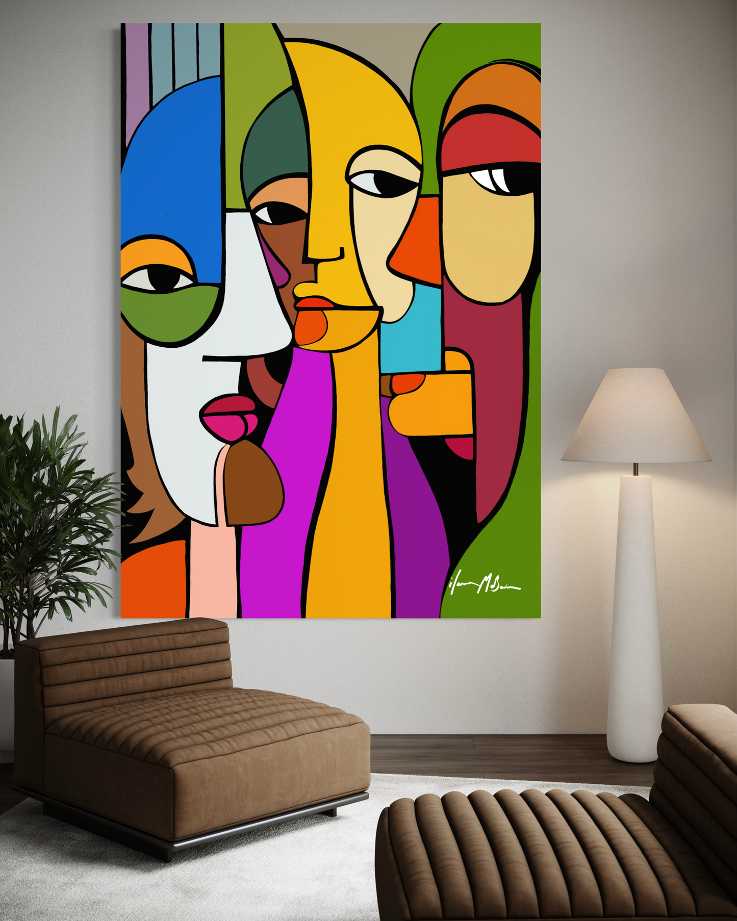 Held Gaze contemporary abstract faces painting by Ilana McBain from the Forms of Connections series, vibrant geometric pop art portrait displayed as large statement artwork in a modern luxury living room interior.