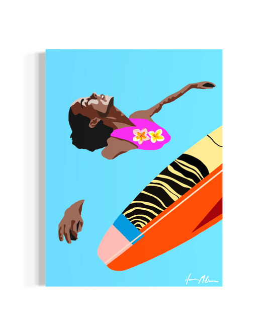 Minimal contemporary surf art painting with calm ocean tones and stylised surfer by Ilana McBain