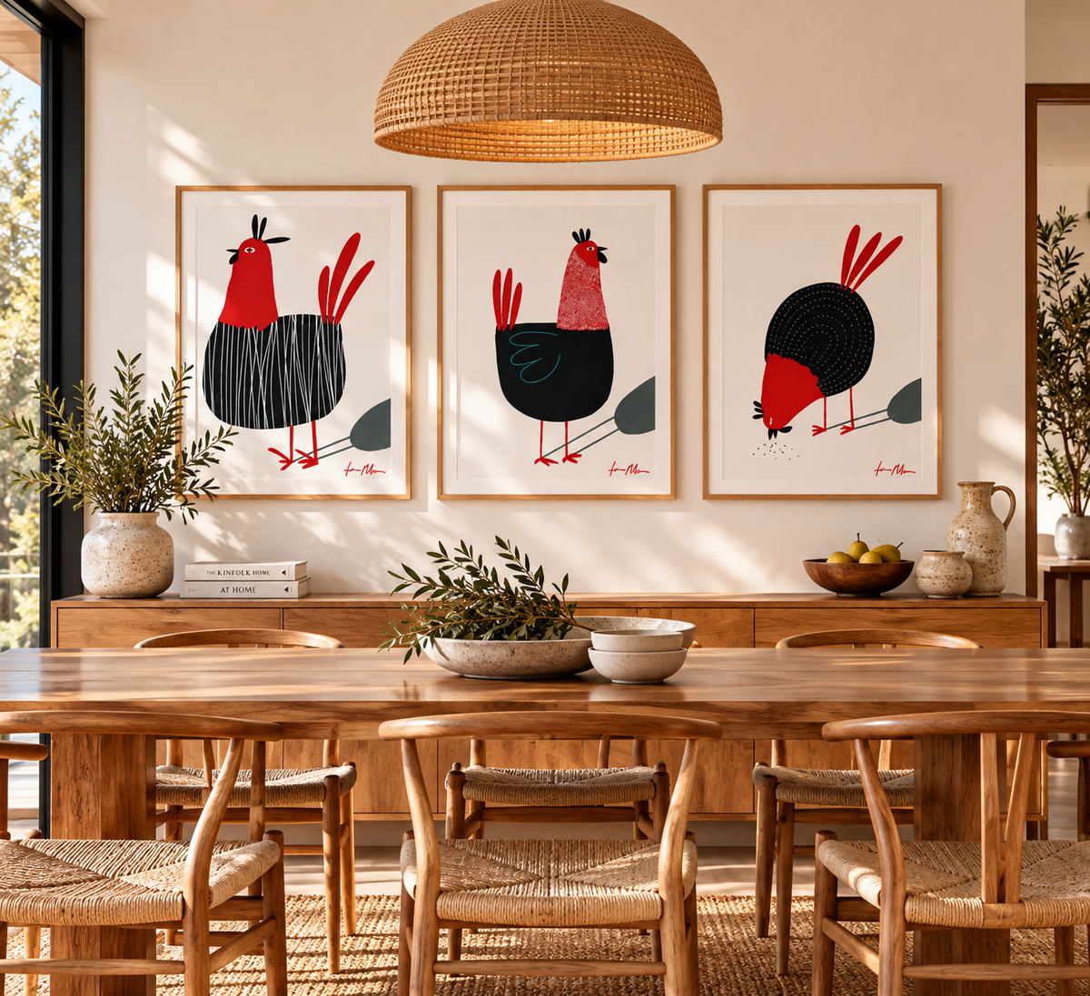 Gallery wall of three modern chicken art prints in natural timber frames, styled in a warm contemporary dining room.