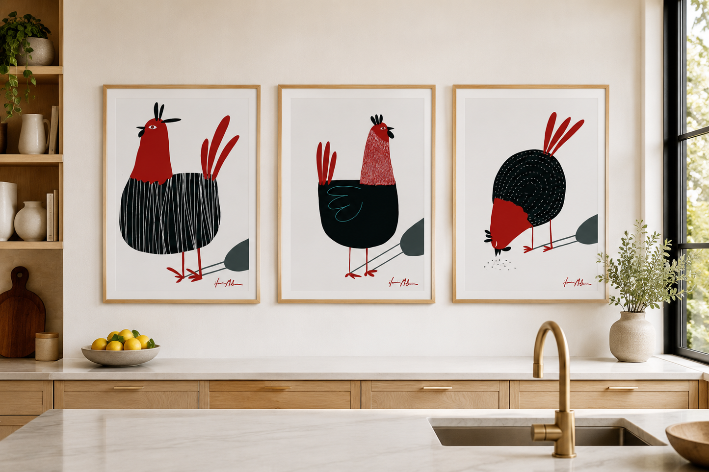 Gallery wall featuring three contemporary chicken prints by Ilana McBain in natural birch frames with white borders, styled in a bright modern kitchen with warm timber cabinetry and minimalist décor.