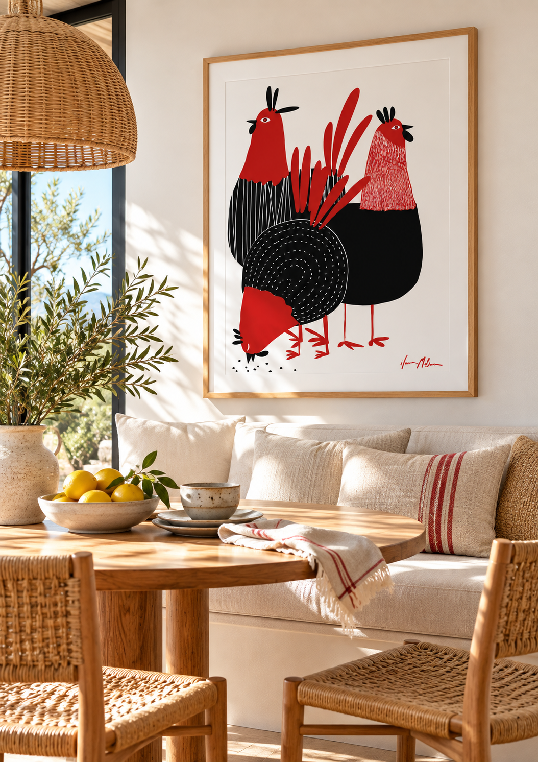 Modern Chickens contemporary chicken art print displayed in a sunlit breakfast nook with natural timber furniture and warm neutral decor.