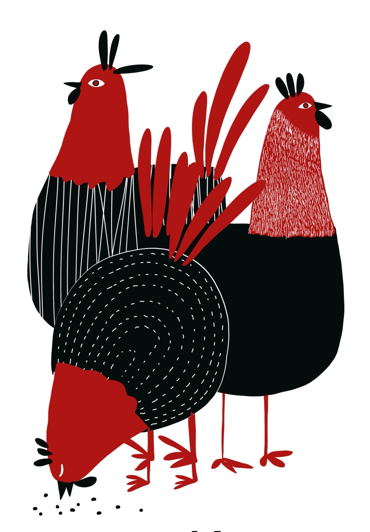 Three modern Chickens contemporary chicken art print by Ilana McBain featuring three stylised red and black chickens on a white background.