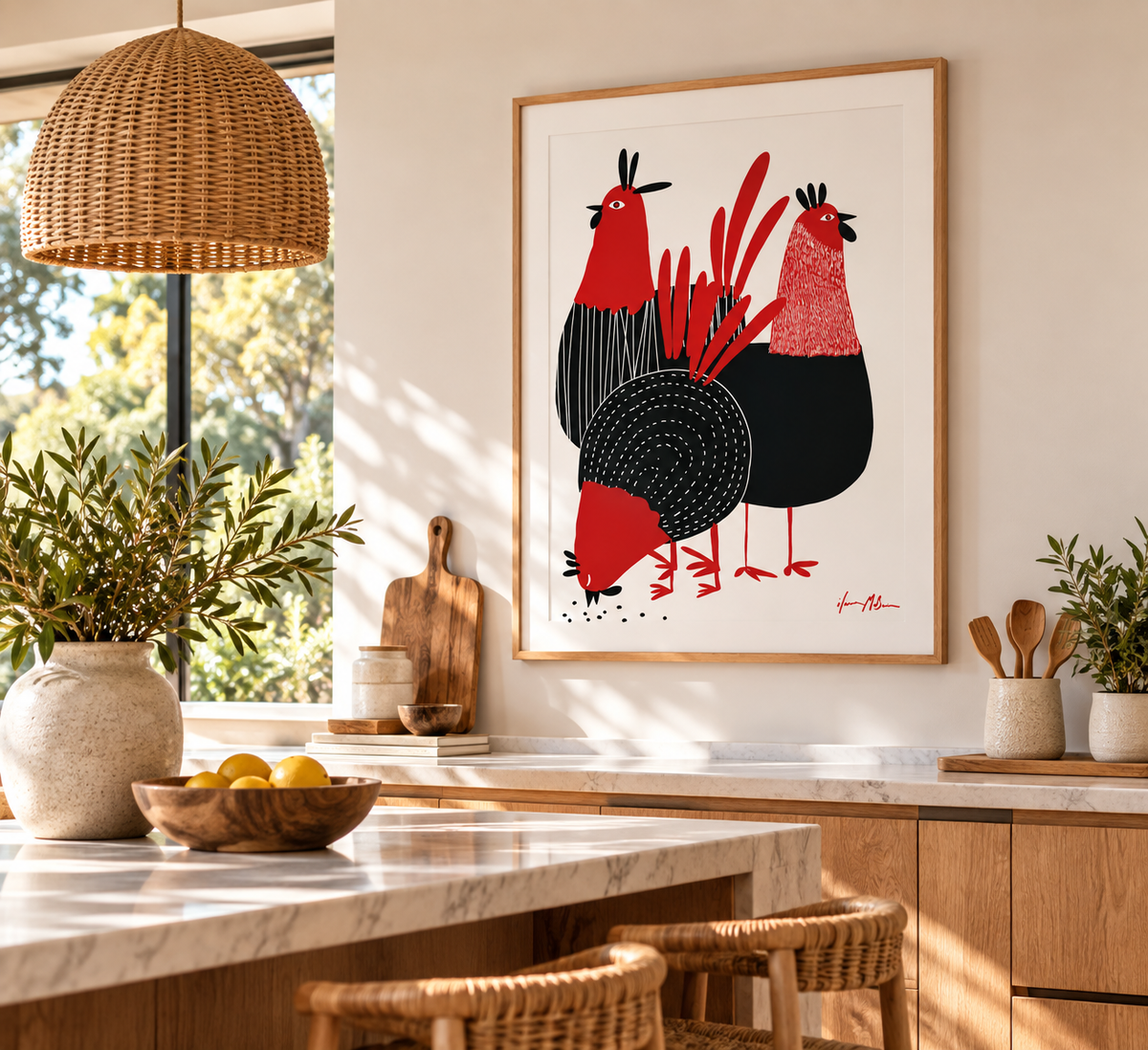 Modern Chickens contemporary chicken art print in a bright modern kitchen with natural timber and warm neutral decor.