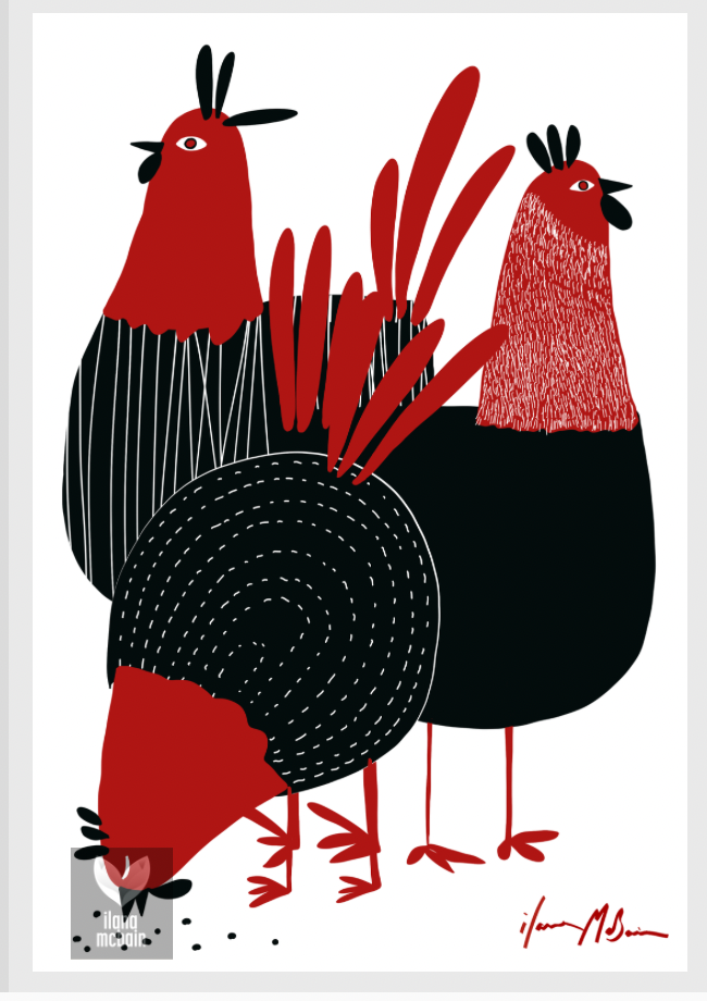 Three stylised red and black chickens with playful personalities in a contemporary folk art illustration by Australian artist Ilana McBain. Modern farmhouse wall art featuring Bossy, Busy and Grouch, perfect for kitchen and dining room décor.