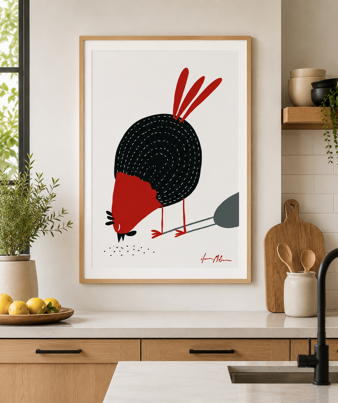 Stylised chicken bending down to peck, titled Busy, contemporary folk art print in a birch frame with white border by Australian artist Ilana McBain.