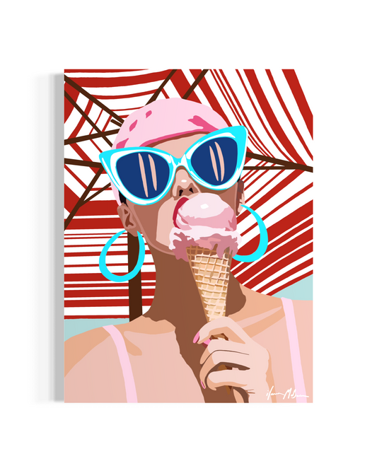 Modern coastal pop art painting of a woman with sunglasses and ice cream in bold graphic style