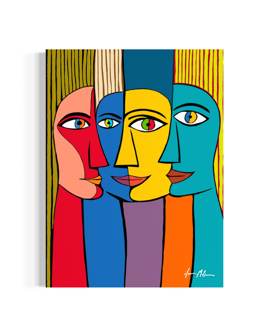 Modern pop art painting of multiple faces symbolising connection and shared space