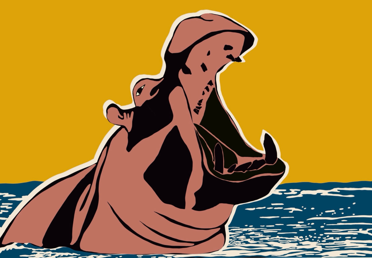 Not Here to Shrink bold contemporary hippo art print by Ilana McBain featuring a dramatic open-mouthed hippo in blue water against a mustard yellow background.