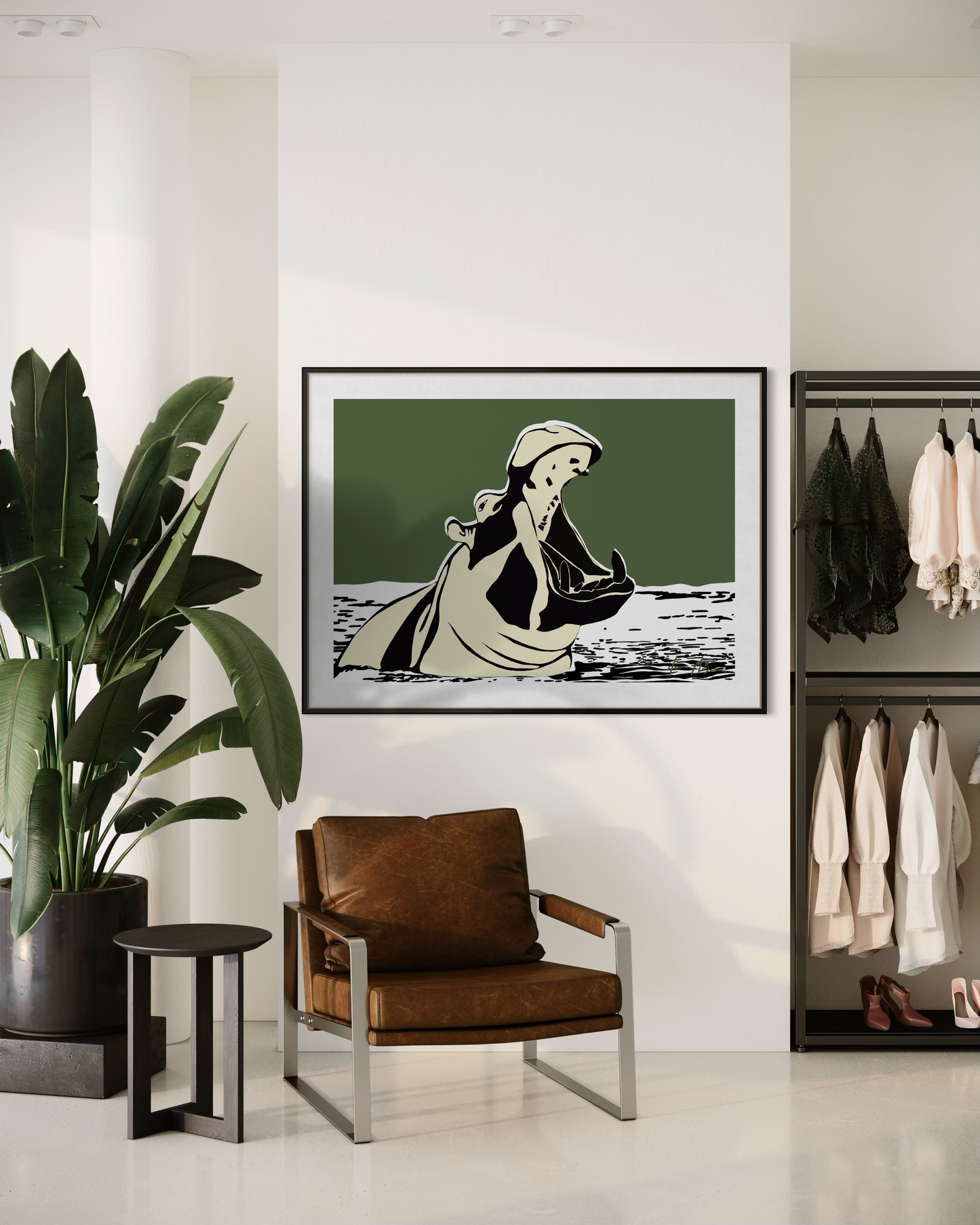 Contemporary wildlife artwork Not Here to Shrink hippo print by Ilana McBain styled in modern living space