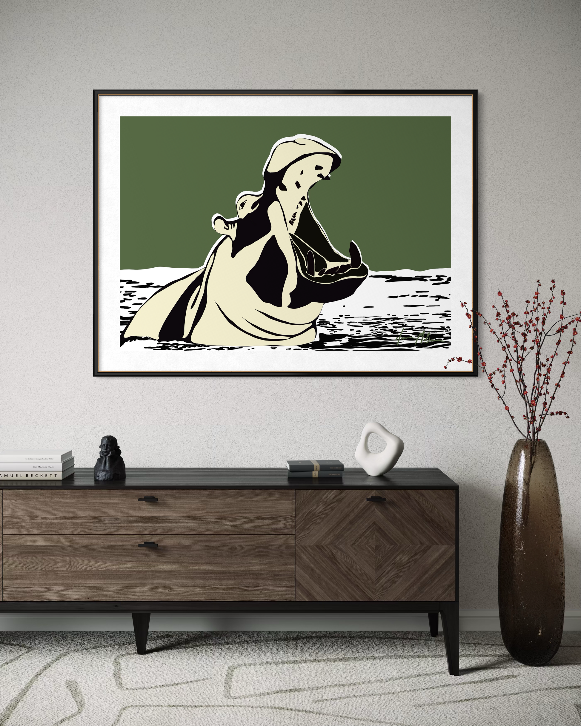 Not Here to Shrink hippo wall art by Ilana McBain displayed above modern wooden console interior styling