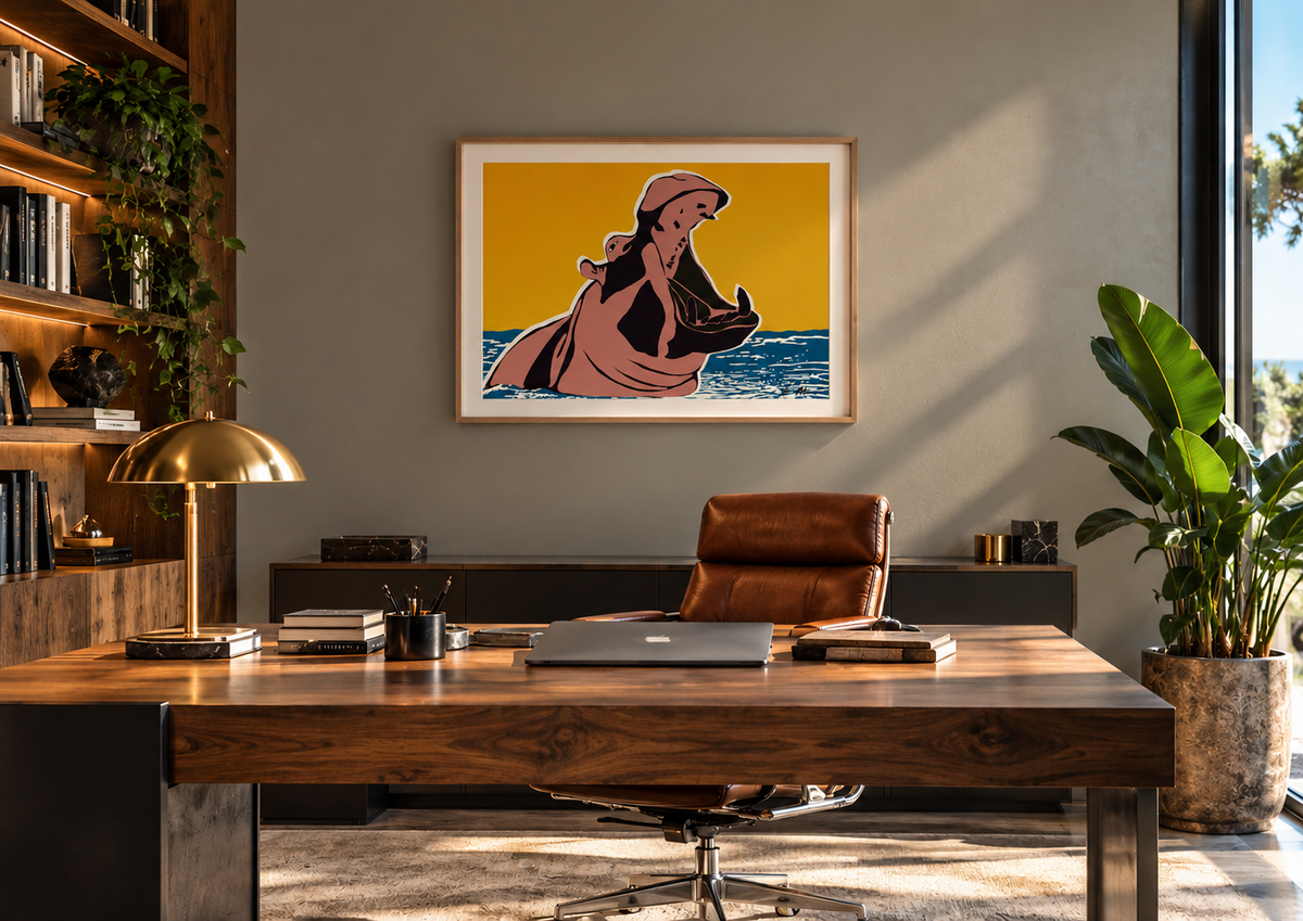 not-here-to-shrink-hippo-art-print-home-office-mockup.jpg
Alt text: Not Here to Shrink contemporary hippo art print by Ilana McBain displayed in a modern masculine home office with walnut desk, leather chair, timber shelving and natural light.