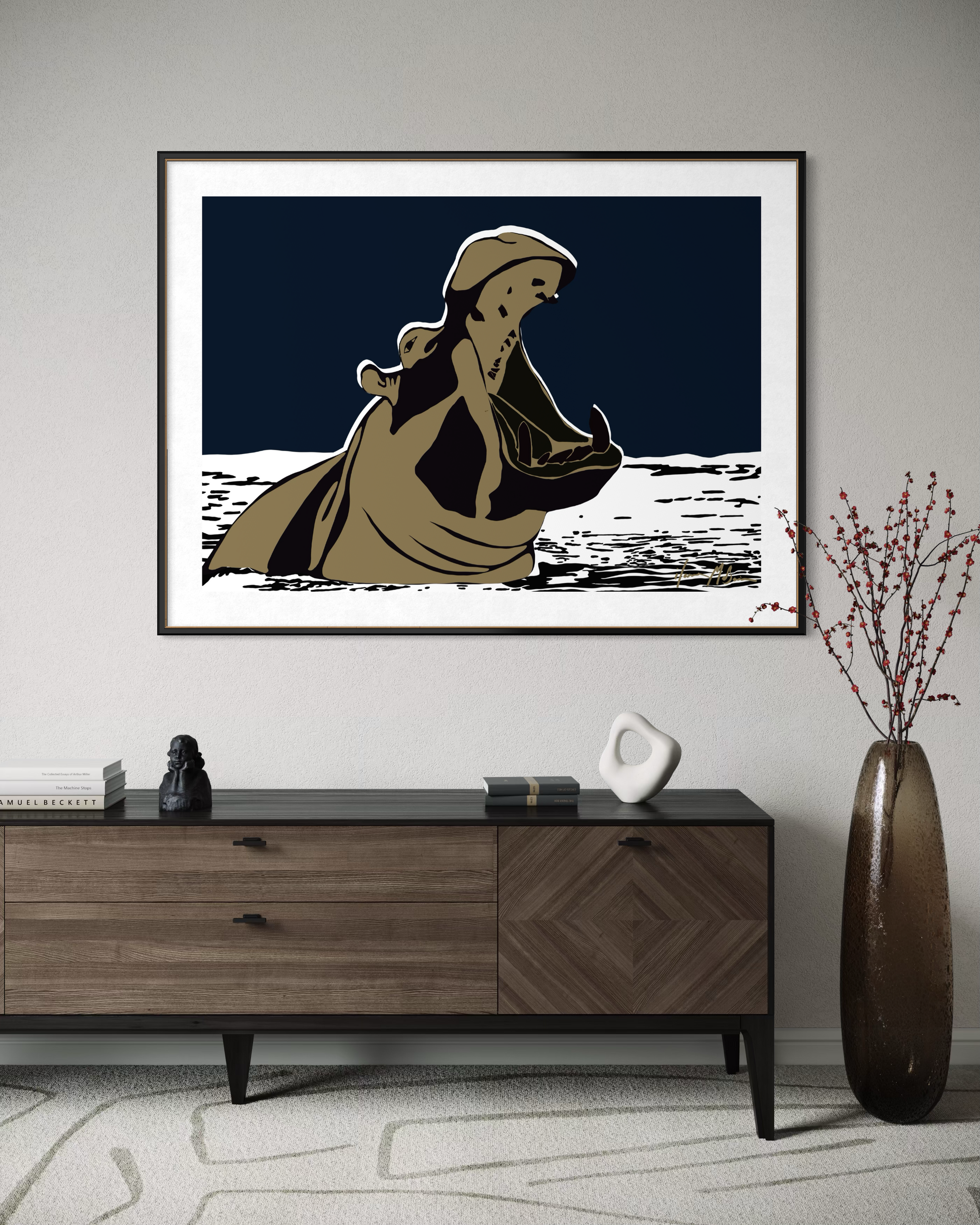 Contemporary hippo artwork Not Here to Shrink midnight blue edition by Ilana McBain above wooden console