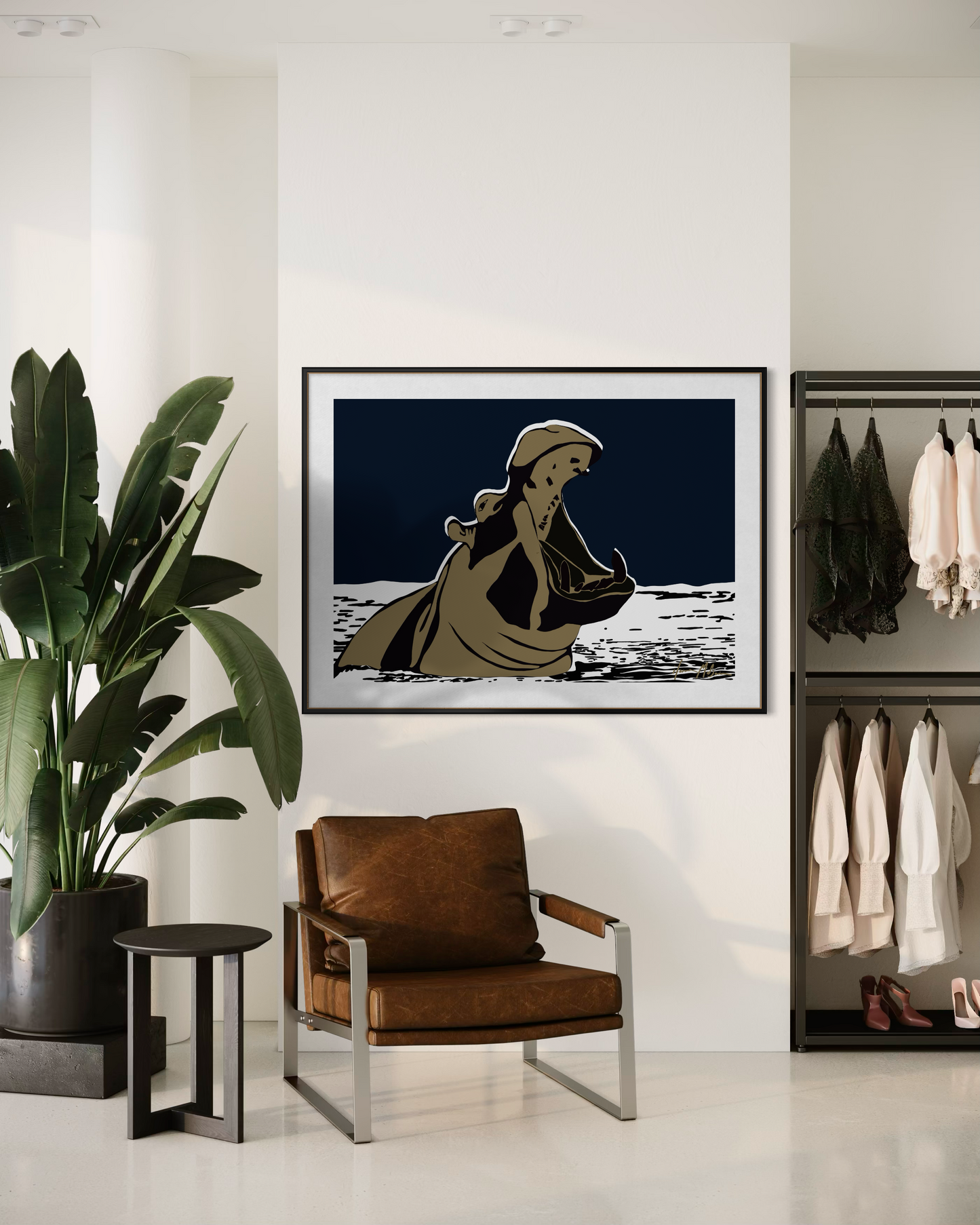 Not Here to Shrink midnight blue hippo wall art by Australian artist Ilana McBain displayed in modern interior