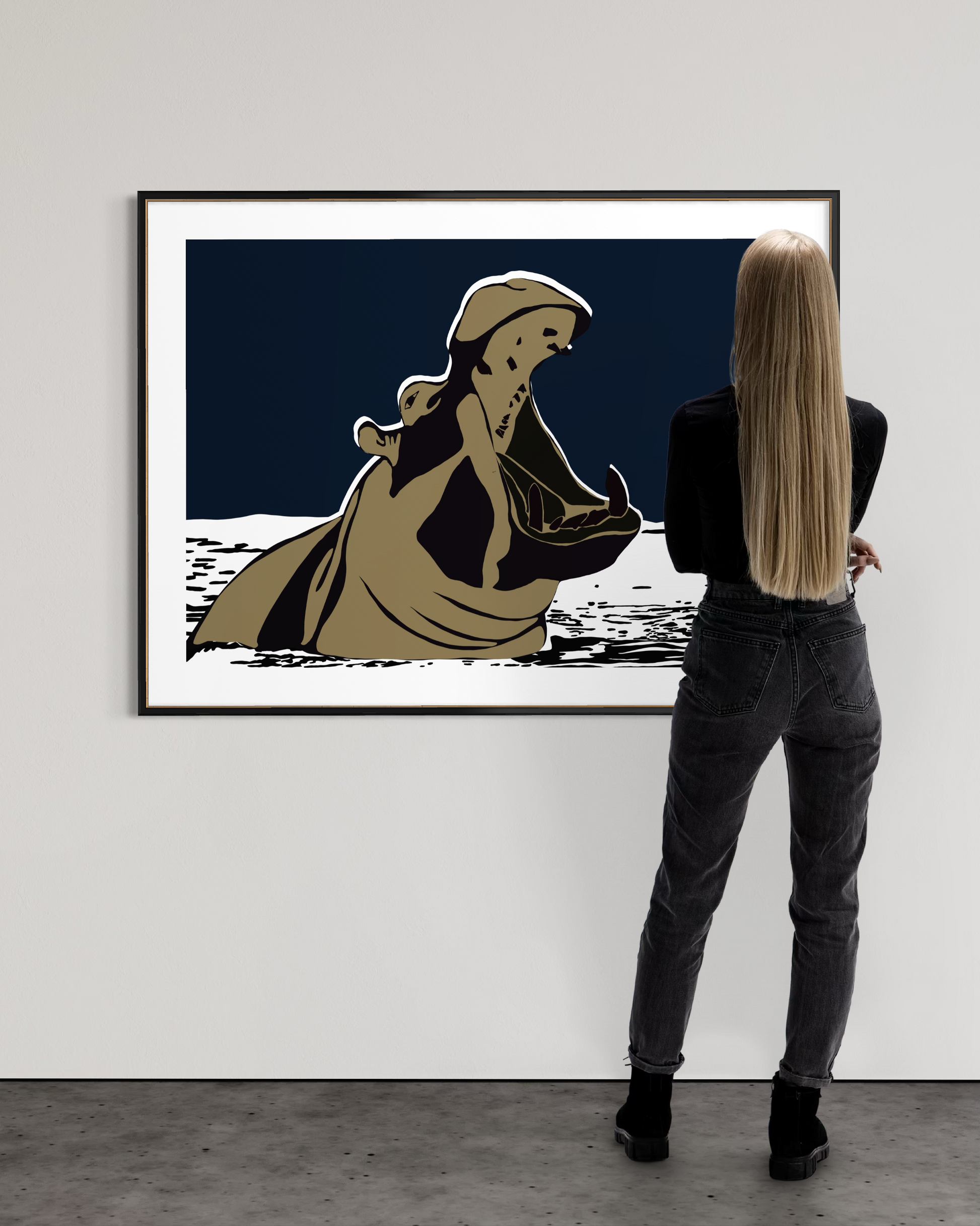 Modern wildlife wall art featuring hippo illustration Not Here to Shrink by Ilana McBain