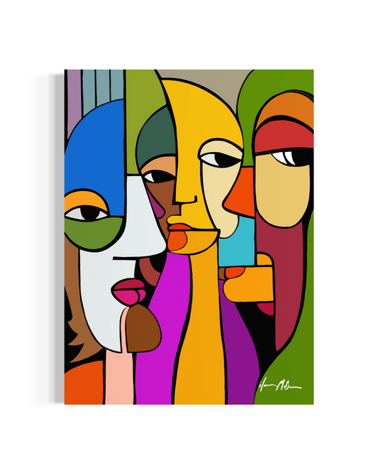 Pop art painting of abstract faces in close gaze expressing emotional connection

