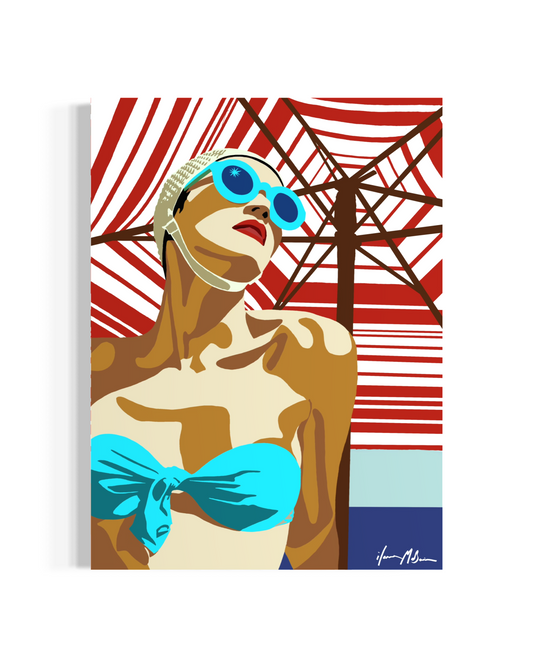 Retro inspired coastal pop art painting of a stylish woman in bold colours by Ilana McBain