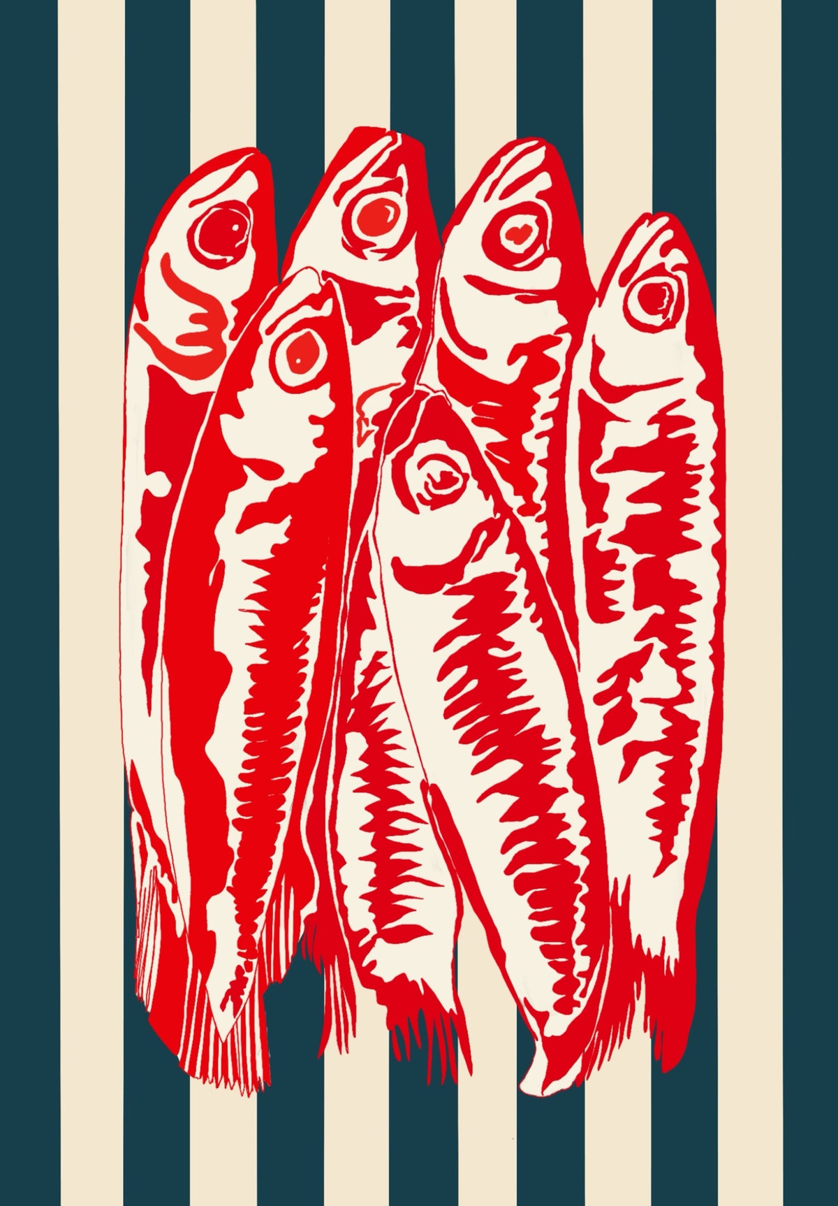 Riviera Sardines Mediterranean art print by Ilana McBain featuring bold red sardines over deep navy and cream vertical stripes.
