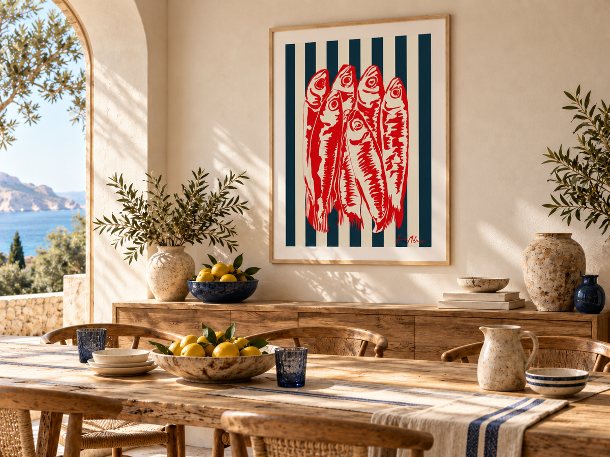 Riviera Sardines navy stripe art print styled in a sunlit Mediterranean dining room with natural timber furniture and subtle navy accents.