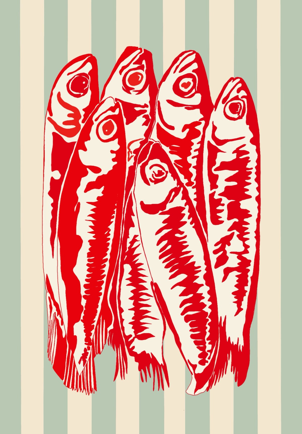 Riviera Sardines art print by Ilana McBain featuring red sardines on sage stripes with a Mediterranean-inspired coastal feel.